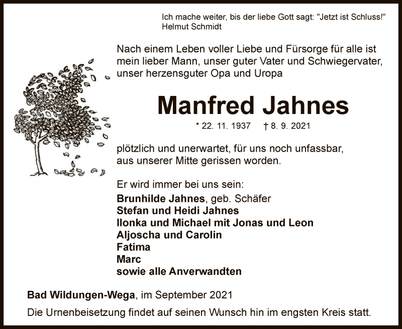  Traueranzeige für Manfred Jahnes vom 11.09.2021 aus WLZ
