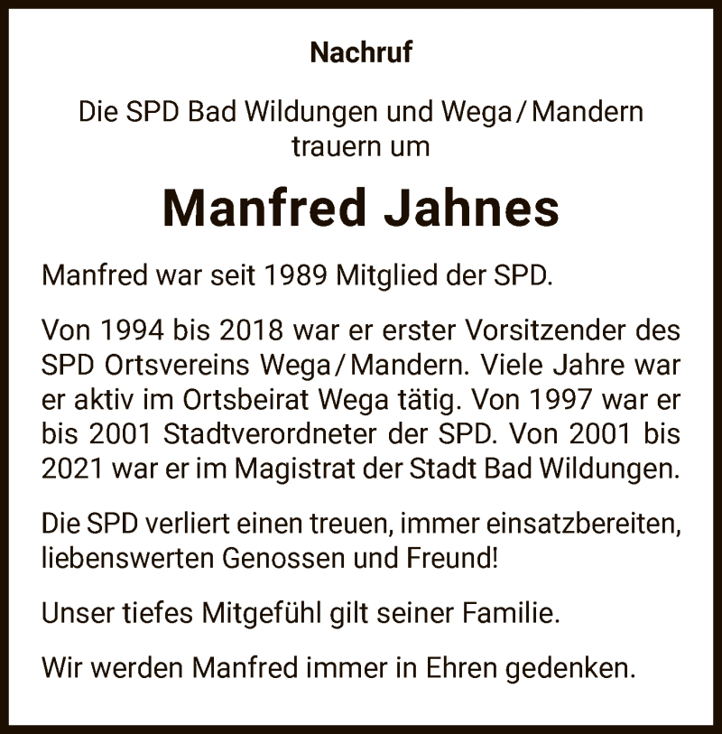  Traueranzeige für Manfred Jahnes vom 15.09.2021 aus WLZ