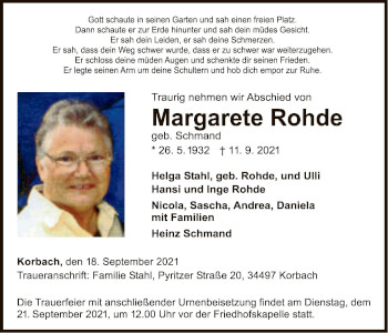 Traueranzeige von Margarete Rohde von WLZ