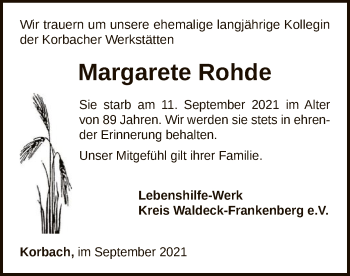 Traueranzeige von Margarete Rohde von WLZ