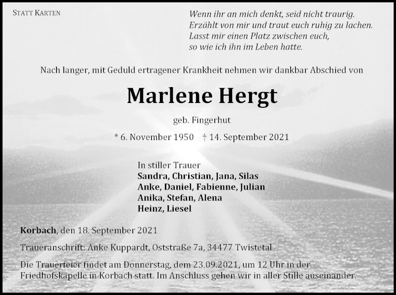  Traueranzeige für Marlene Hergt vom 18.09.2021 aus WLZ