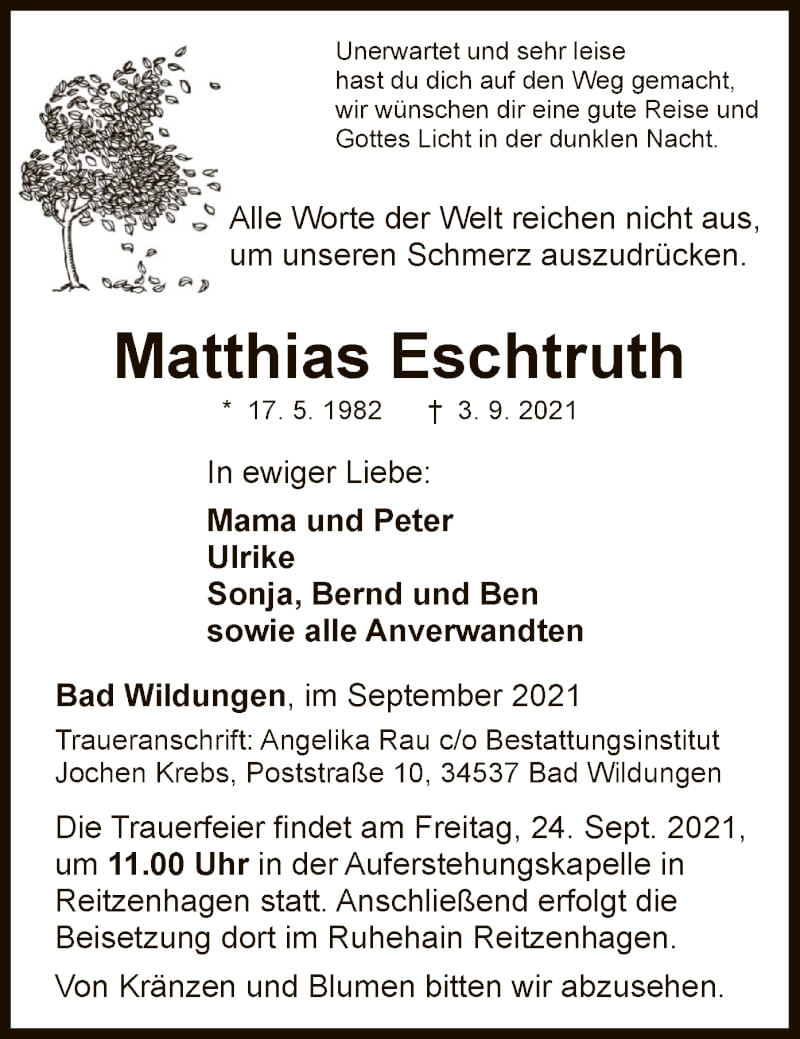  Traueranzeige für Matthias Eschtruth vom 18.09.2021 aus WLZ