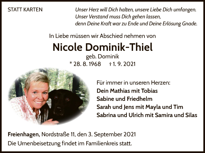  Traueranzeige für Nicole Dominik-Thiel vom 03.09.2021 aus WLZ