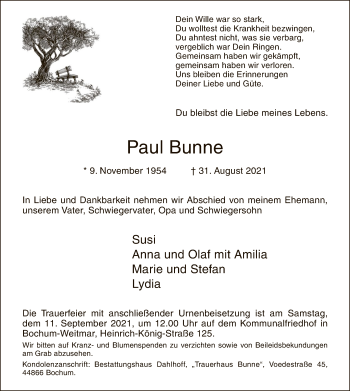 Traueranzeige von Paul Bunne von WLZ