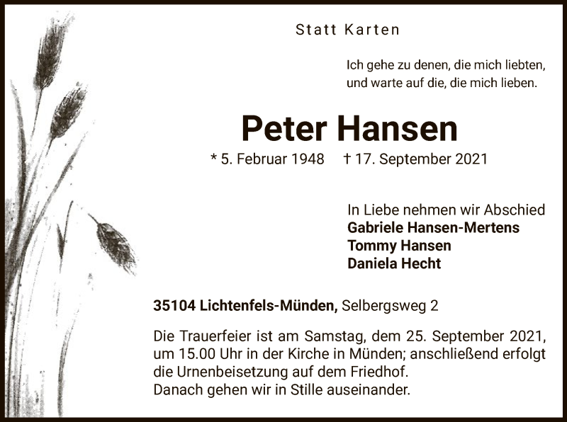  Traueranzeige für Peter Hansen vom 21.09.2021 aus WLZ