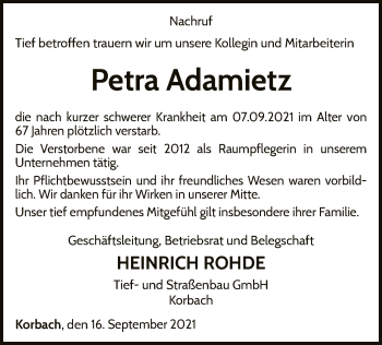 Traueranzeige von Petra Adamietz von WLZ