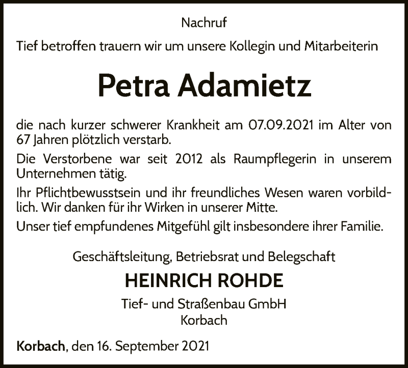 Traueranzeige für Petra Adamietz vom 16.09.2021 aus WLZ