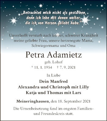 Traueranzeige von Petra Adamietz von WLZ