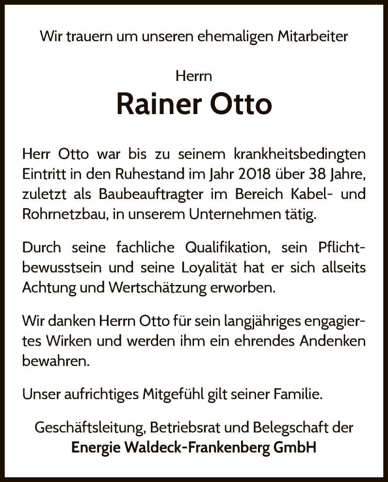  Traueranzeige für Rainer Otto vom 22.09.2021 aus WLZ