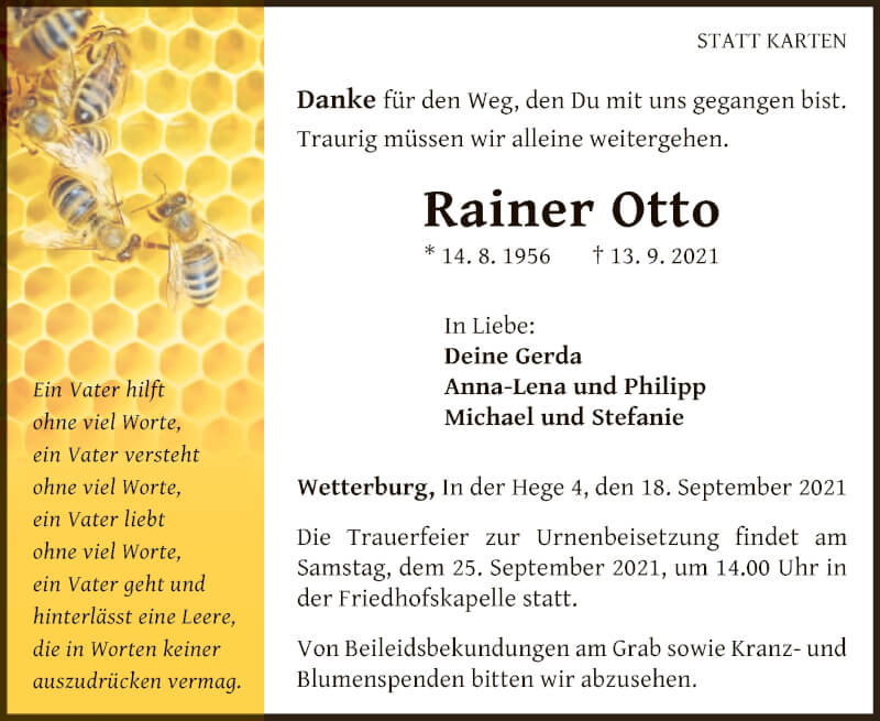  Traueranzeige für Rainer Otto vom 18.09.2021 aus WLZ