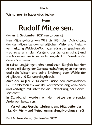 Traueranzeige von Rudolf Mitze von WLZ