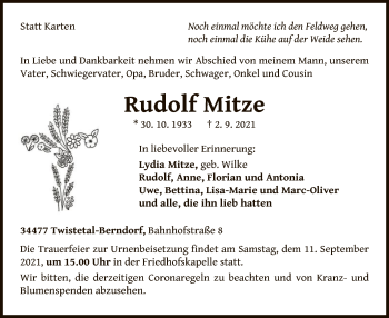 Traueranzeige von Rudolf Mitze von WLZ