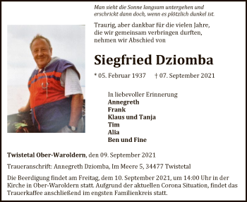 Traueranzeige von Siegfried Dziomba von WLZ