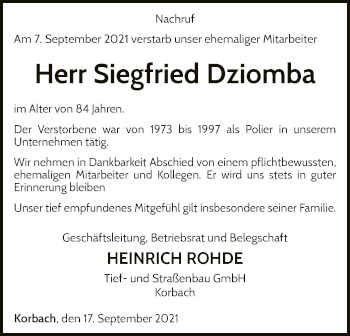 Traueranzeige von Siegfried Dziomba von WLZ