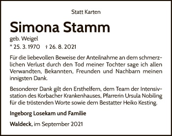 Traueranzeige von Simona Stamm von WLZ