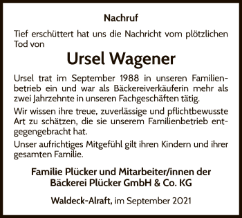 Traueranzeige von Ursel Wagener von WLZ