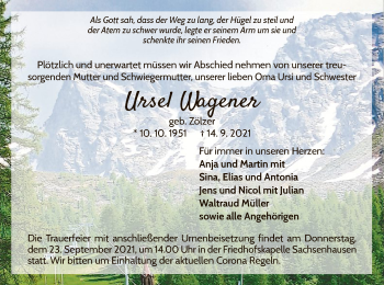 Traueranzeige von Ursel Wagener von WLZ