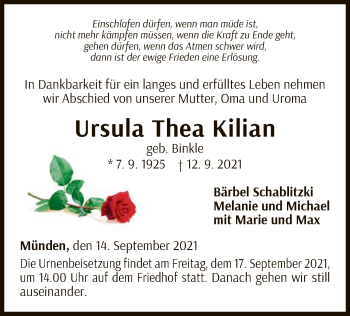 Traueranzeige von Ursula Thea Kilian von WLZ