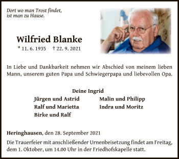 Traueranzeige von Wilfried Blanke von WLZ