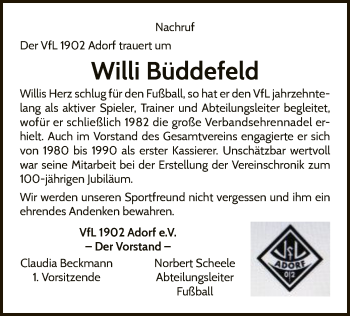 Traueranzeige von Willi Büddefeld von WLZ