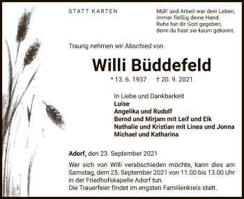 Traueranzeige von Willi Büddefeld von WLZ