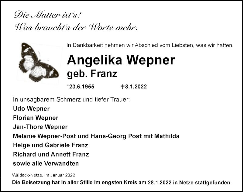  Traueranzeige für Angelika Wepner vom 29.01.2022 aus WLZ