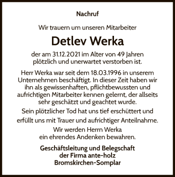 Traueranzeige von Detlev Werka von WLZ