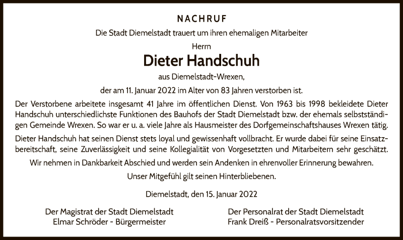  Traueranzeige für Dieter Handschuh vom 15.01.2022 aus WLZ