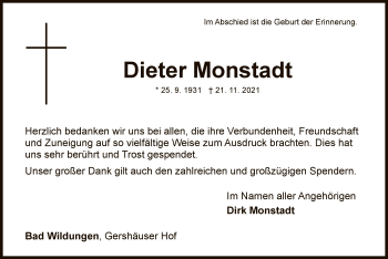 Traueranzeige von Dieter Monstadt von WLZ