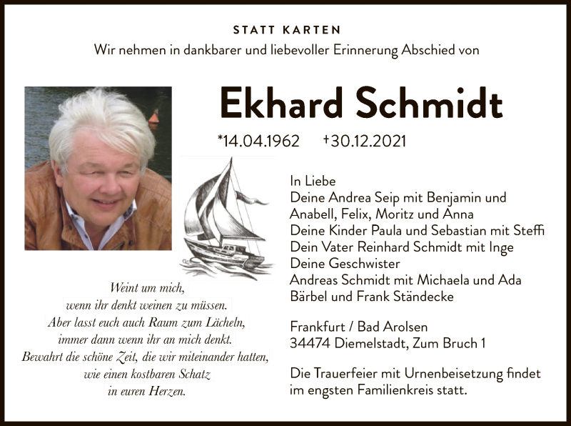  Traueranzeige für Ekhard Schmidt vom 15.01.2022 aus WLZ