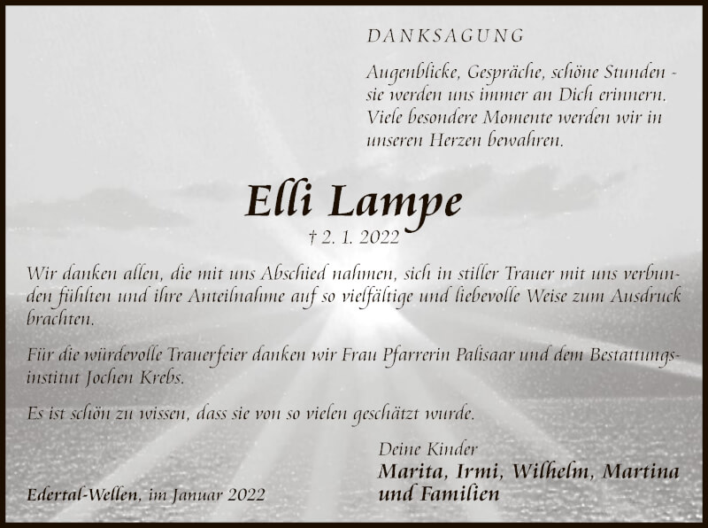  Traueranzeige für Elli Lampe vom 29.01.2022 aus WLZ