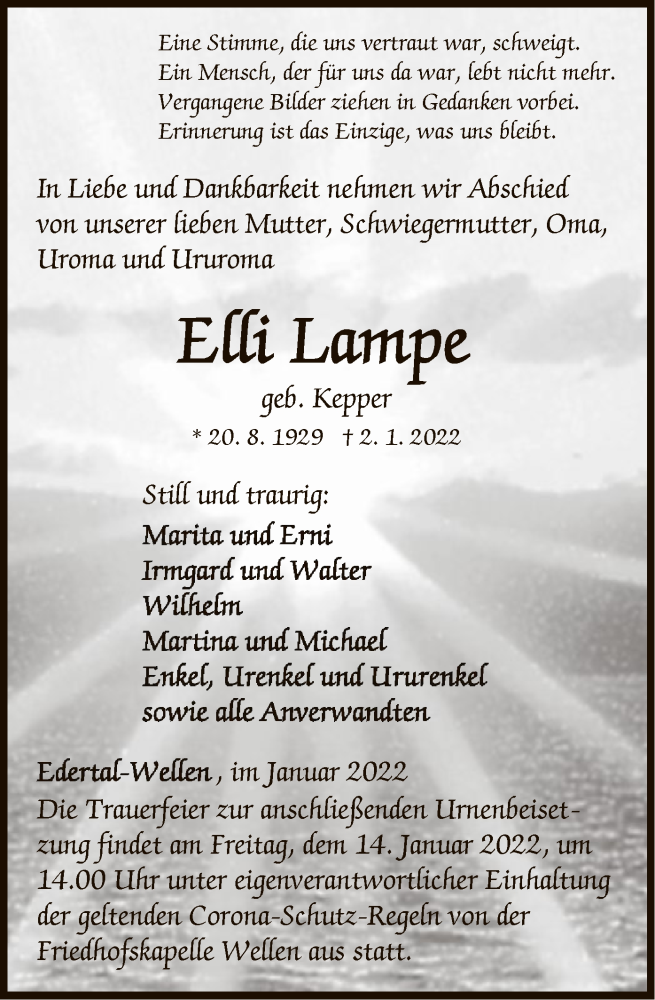  Traueranzeige für Elli Lampe vom 11.01.2022 aus WLZ