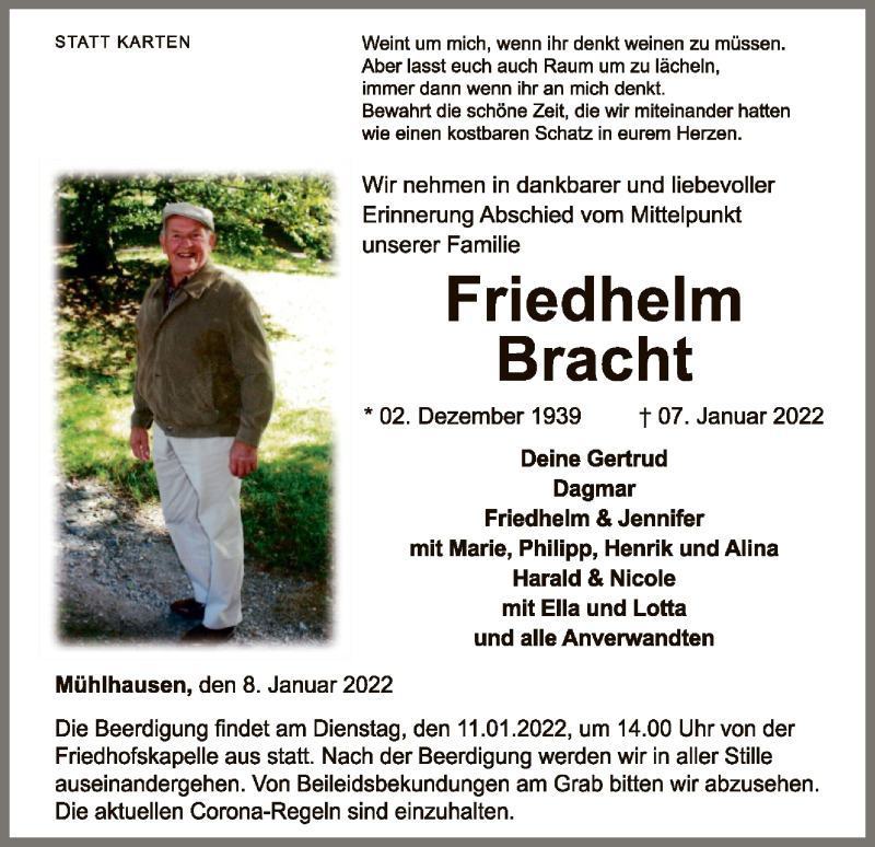  Traueranzeige für Friedhelm Bracht vom 08.01.2022 aus WLZ