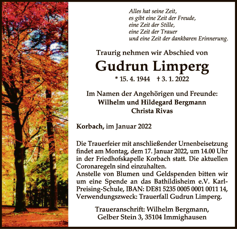  Traueranzeige für Gudrun Limperg vom 12.01.2022 aus WLZ
