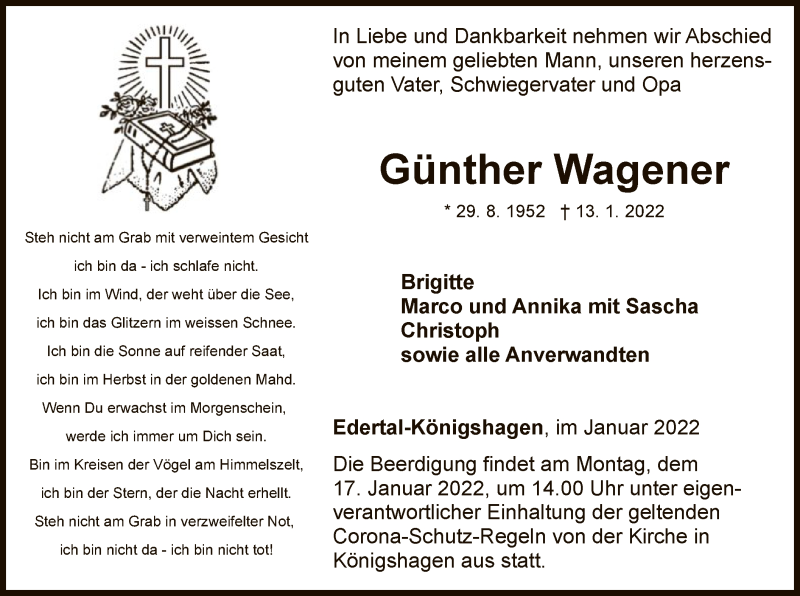  Traueranzeige für Günther Wagener vom 14.01.2022 aus WLZ