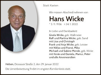 Traueranzeige von Hans Wicke von WLZ