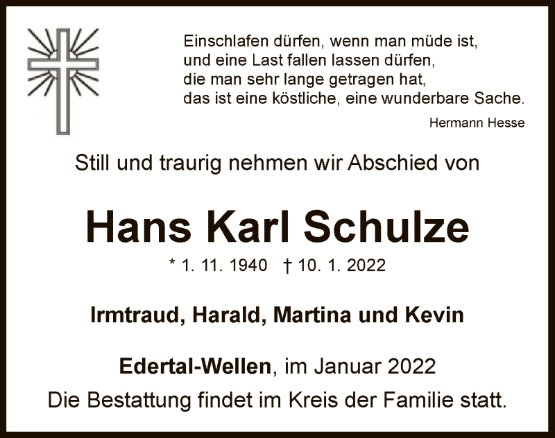  Traueranzeige für Hans Karl Schulze vom 15.01.2022 aus WLZ