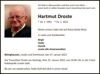 Traueranzeige von Hartmut Droste von WLZ