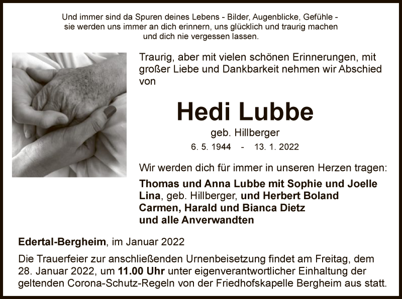  Traueranzeige für Hedi Lubbe vom 22.01.2022 aus WLZ