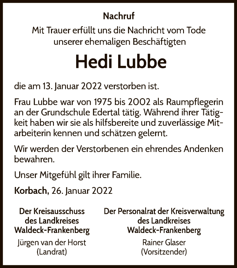  Traueranzeige für Hedi Lubbe vom 26.01.2022 aus WLZ