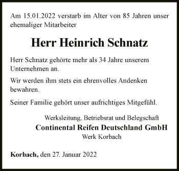 Traueranzeige von Heinrich Schnatz von WLZ