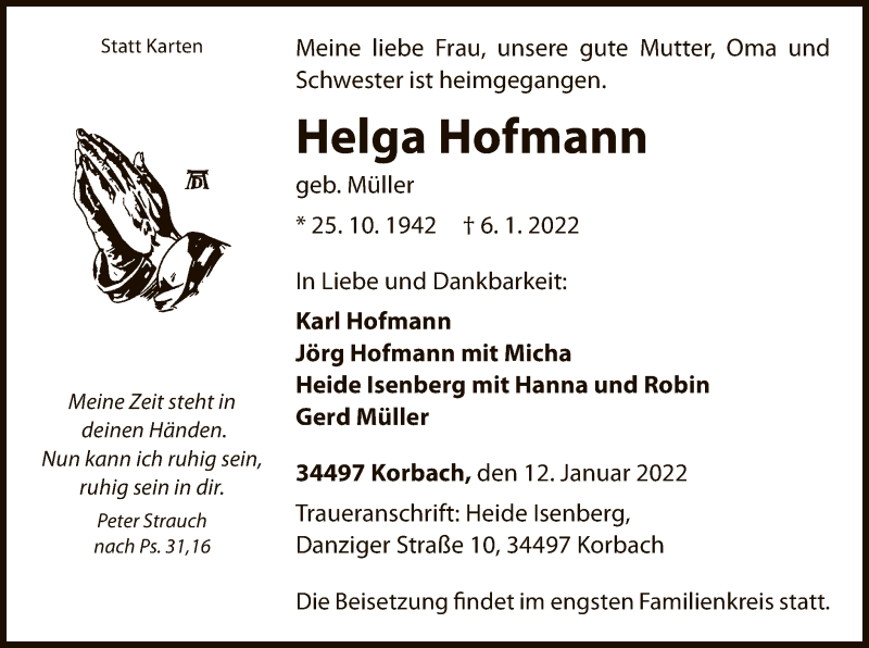  Traueranzeige für Helga Hofmann vom 12.01.2022 aus WLZ