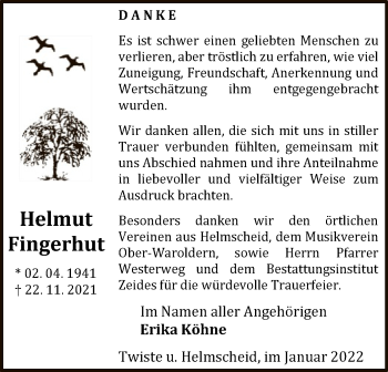 Traueranzeige von Helmut Fingerhut von WLZ