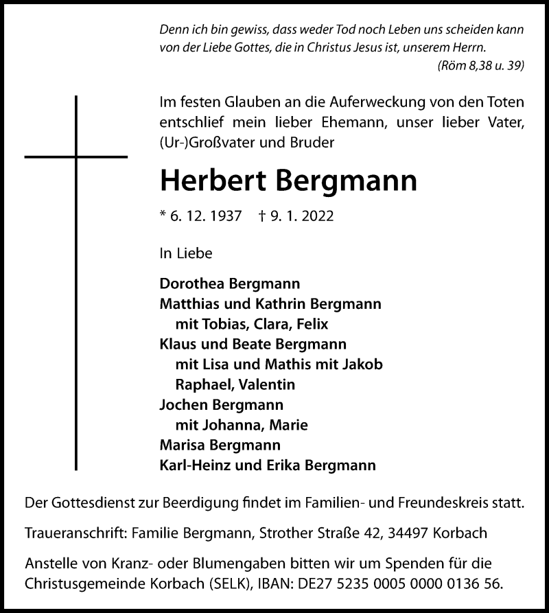  Traueranzeige für Herbert Bergmann vom 15.01.2022 aus WLZ