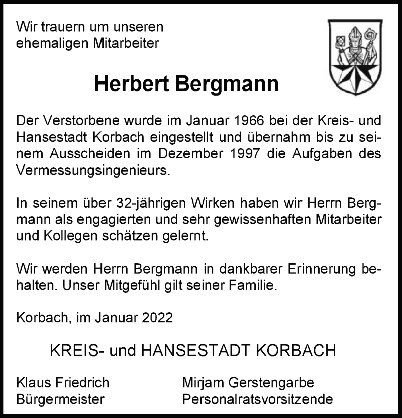 Traueranzeige für Herbert Bergmann vom 15.01.2022 aus WLZ
