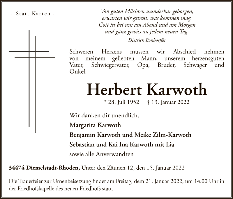  Traueranzeige für Herbert Karwoth vom 15.01.2022 aus WLZ