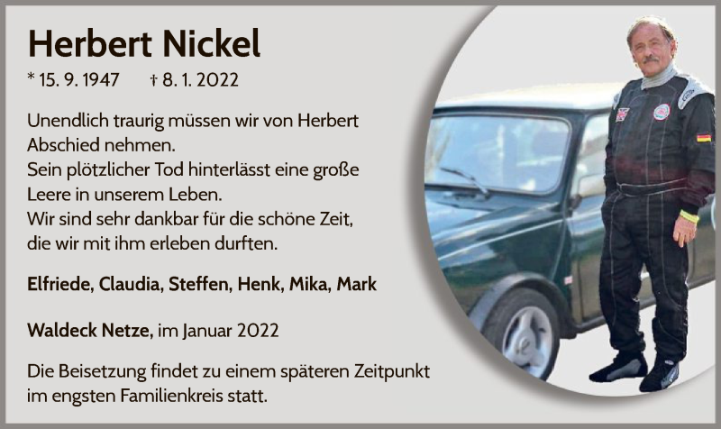  Traueranzeige für Herbert Nickel vom 15.01.2022 aus WLZ