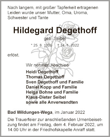 Traueranzeige von Hildegard Degethoff von WLZ