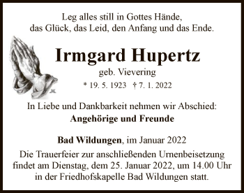 Traueranzeige von Irmgard Hupertz von WLZ