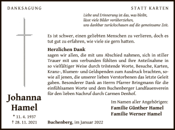 Traueranzeige von Johanna Hamel von WLZ